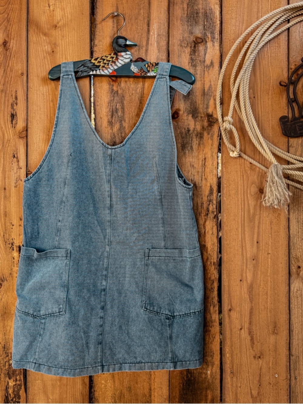 Denim Pinafore Dress with Front Pockets - Light Blue
